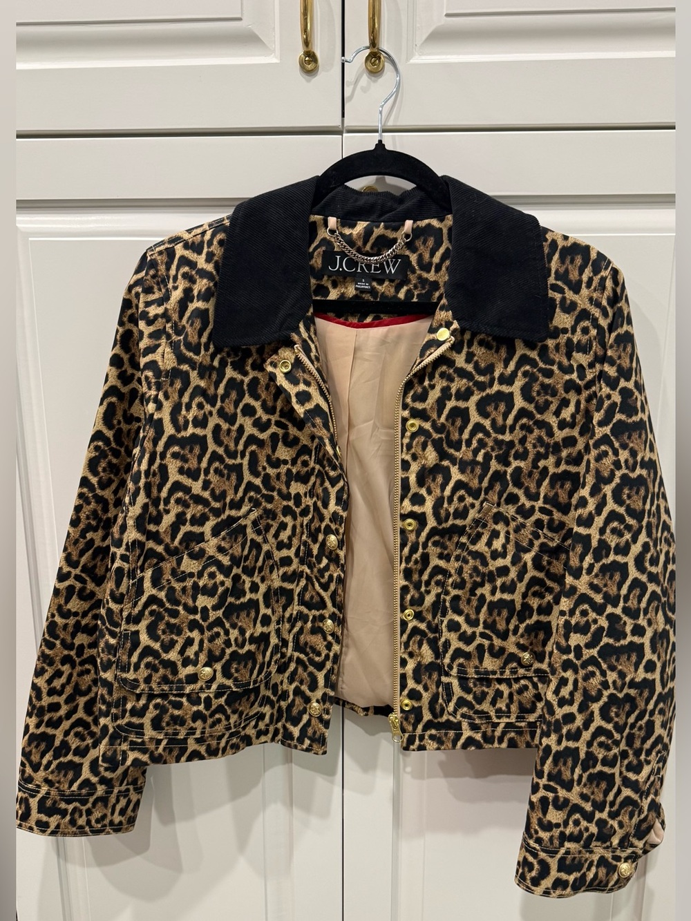 J. Crew Leopard Print Jean Jacket with Black Corduroy Collar